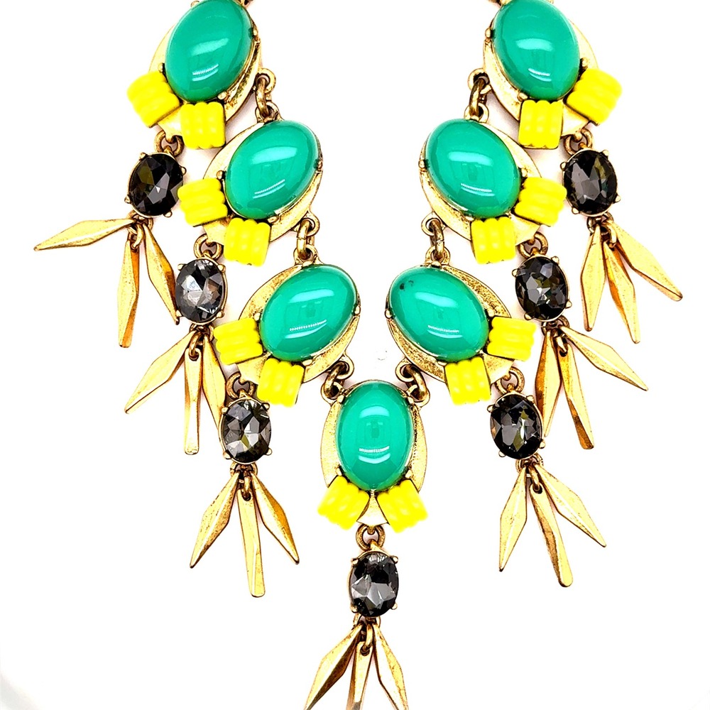 J.Crew Teal Green Yellow Gold Tone Crystal Fringe Statement Necklace 18.5-21.5in